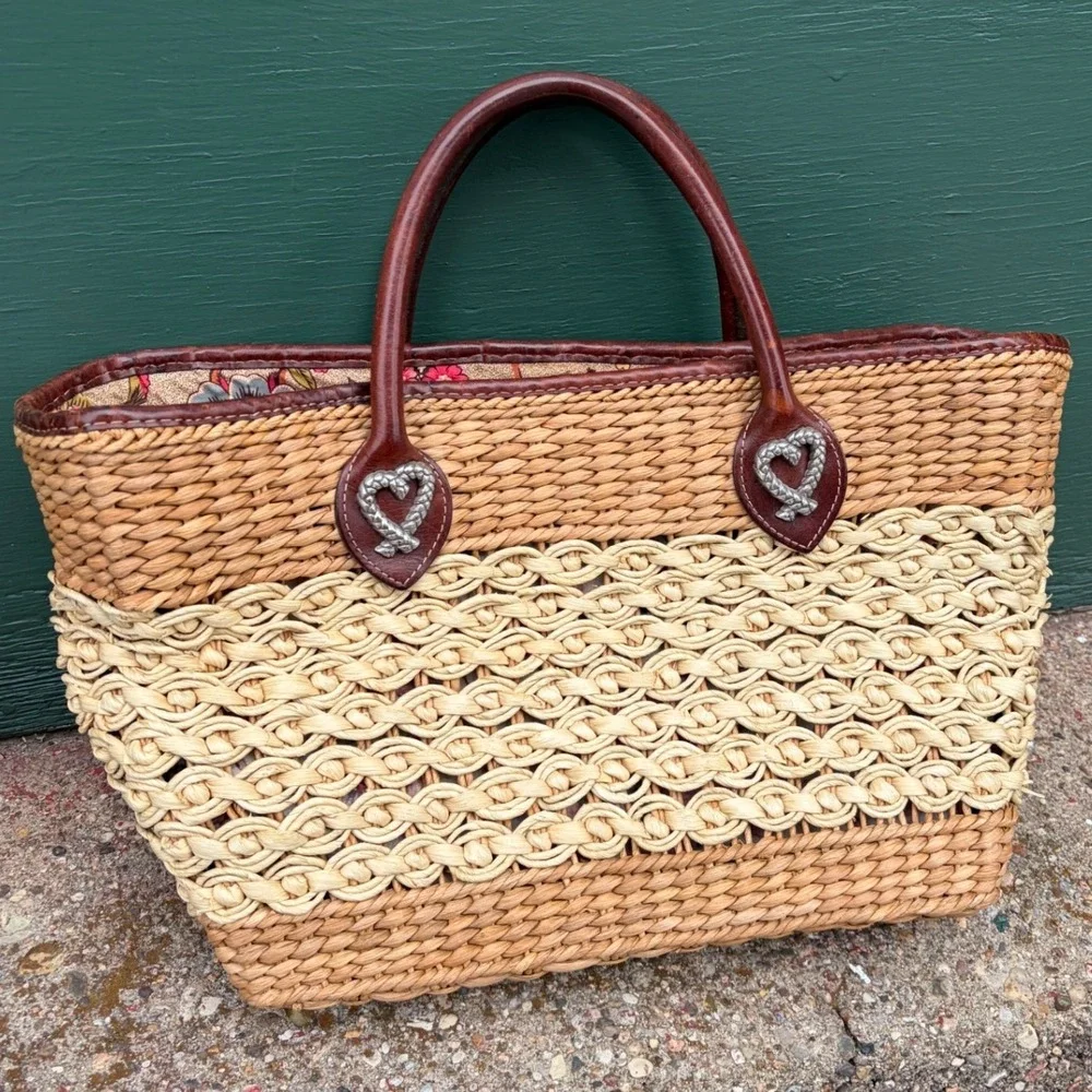 Brighton Straw Tote Bag Leather Trim Woven Heart Floral Lining Tan Brown Vintage - Picture 3 of 6